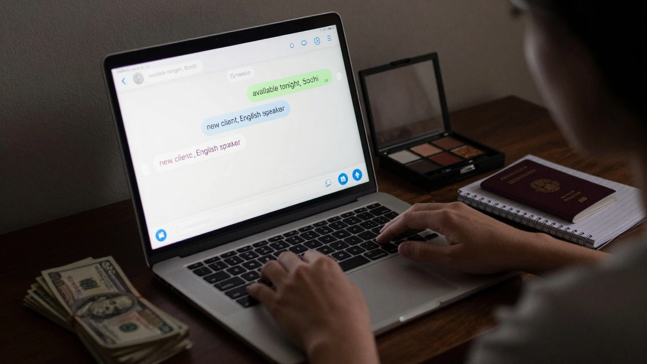 A laptop showing a Telegram chat about escort services, cash and makeup visible nearby, face obscured in shadow.