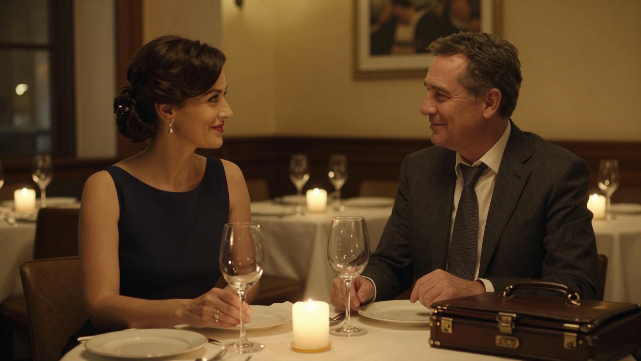 A woman in an elegant gown dining politely with a man in a suit at a St. Petersburg restaurant, candlelight illuminating their quiet interaction.