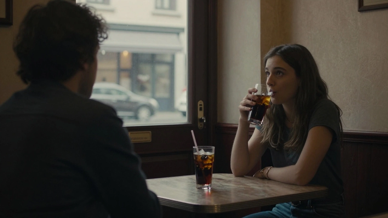 A woman sits alone in a dim bar, waiting as another person enters, exchanging a silent glance.